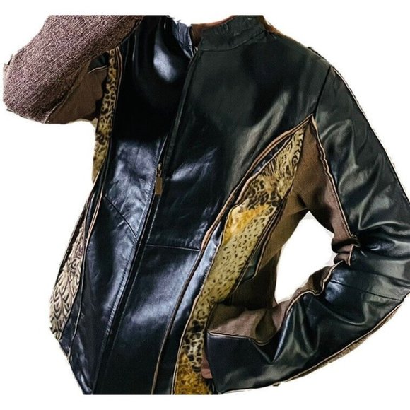 KOOS OF COURSE ART TO WEAR MOTO JACKET Tweed Animal Print Leather BLAZER Medium - Picture 1 of 11